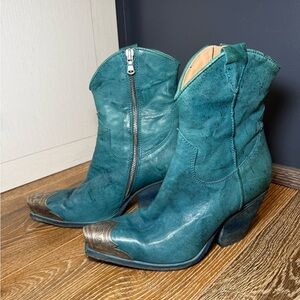 Free People Brayden Western Boots Petrol Turquoise Leather Size 7 EU 37
